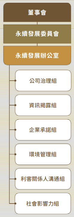 嘉新企業團永續發展組織架構，由董事會統籌監督並設立永續發展委員會，由董事長張剛綸擔任主任委員、總經理王立心兼任永續長。委員會下設永續發展辦公室，統籌六大專責小組：公司治理、資訊揭露、企業承諾、環境管理、利害關係人溝通及社會影響力，展現自上而下的治理責任與永續策略落實。